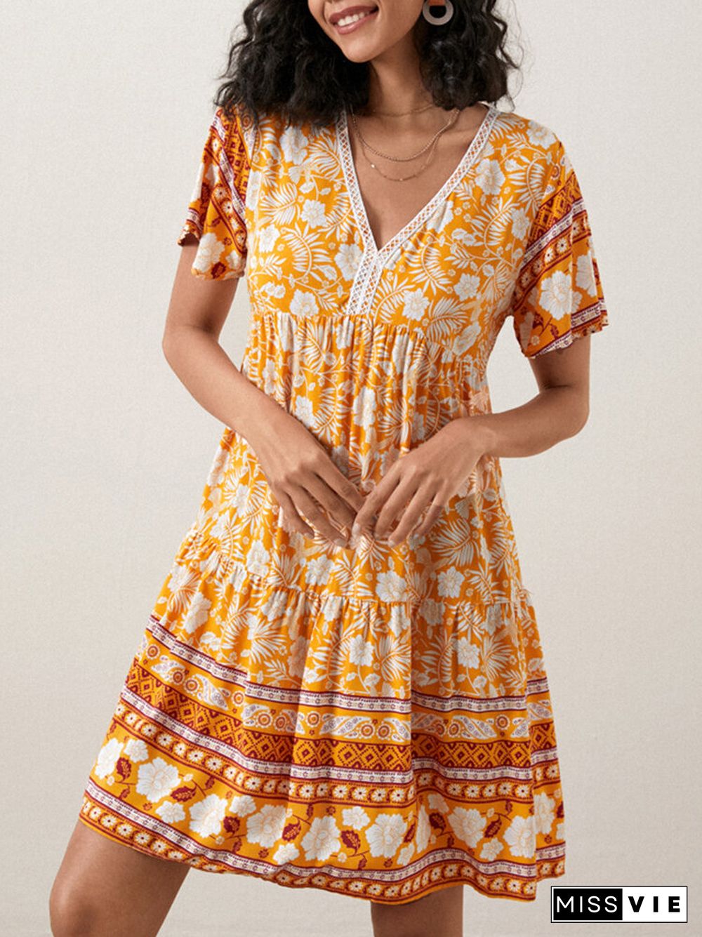 Floral Print High Waist V-neck Short Sleeve Bohemian Dress