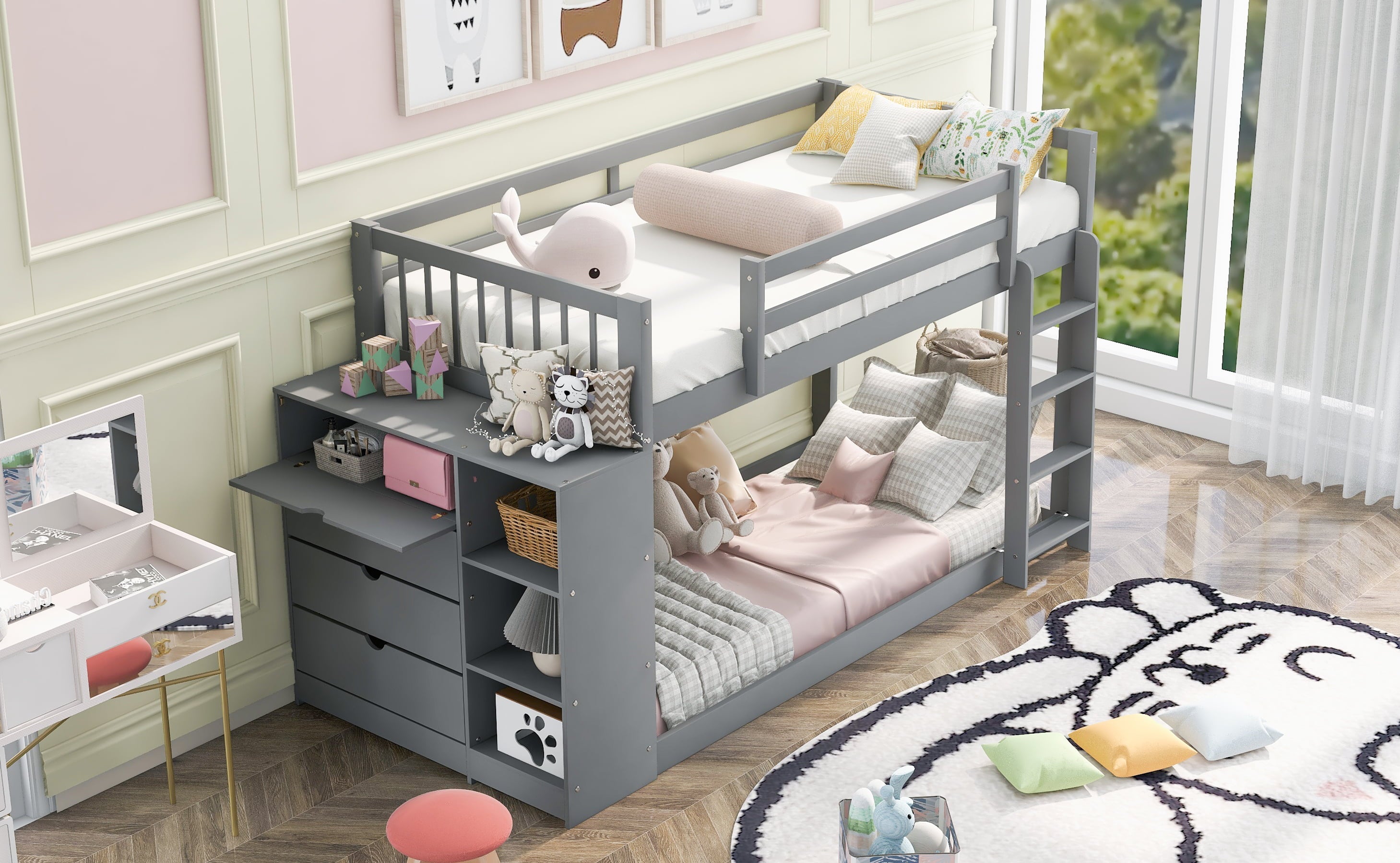 Euroco Twin over Twin Bunk Bed with Attached Cabinet and Storage Shelves for Kids, Gray