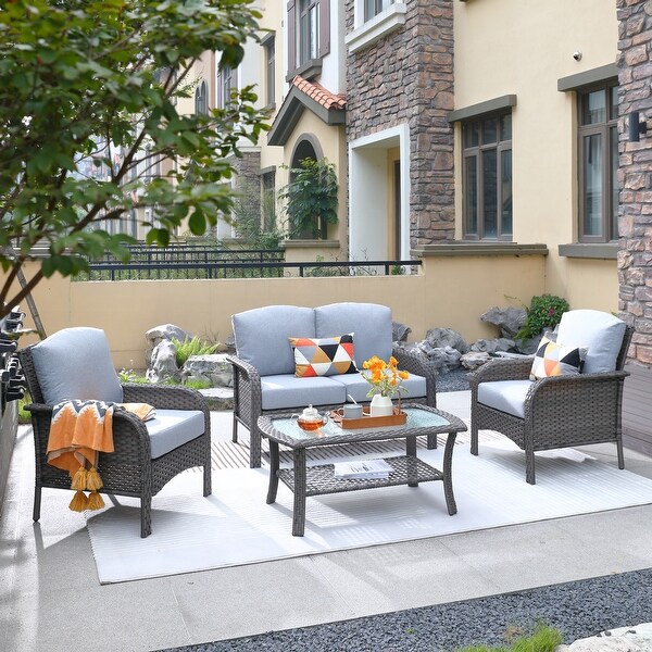 HOOOWOOO Outdoor 4piece Wicker Conversation Sofa Set with Glass Coffee Table