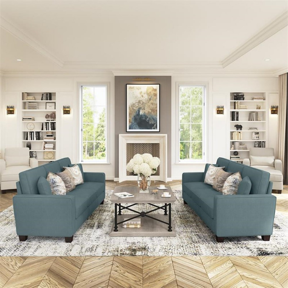 Pemberly Row 86W L Shaped Sectional Couch in Turkish Blue Herringbone Fabric   Transitional   Sectional Sofas   by Homesquare  Houzz