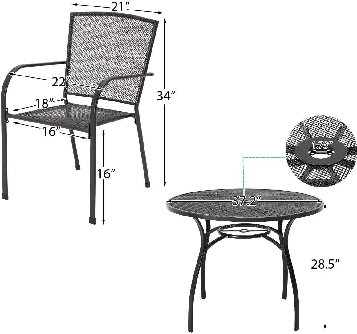 YODOLLA 5-Piece Patio Metal Dining Set， Outdoor Metal Dining Table Set with Round Table 1.73” Umbrella Hole and 4 Stackable Arm Chairs， Patio Dining Bistro Set for Garden，Bistro，Deck，Dark Gray