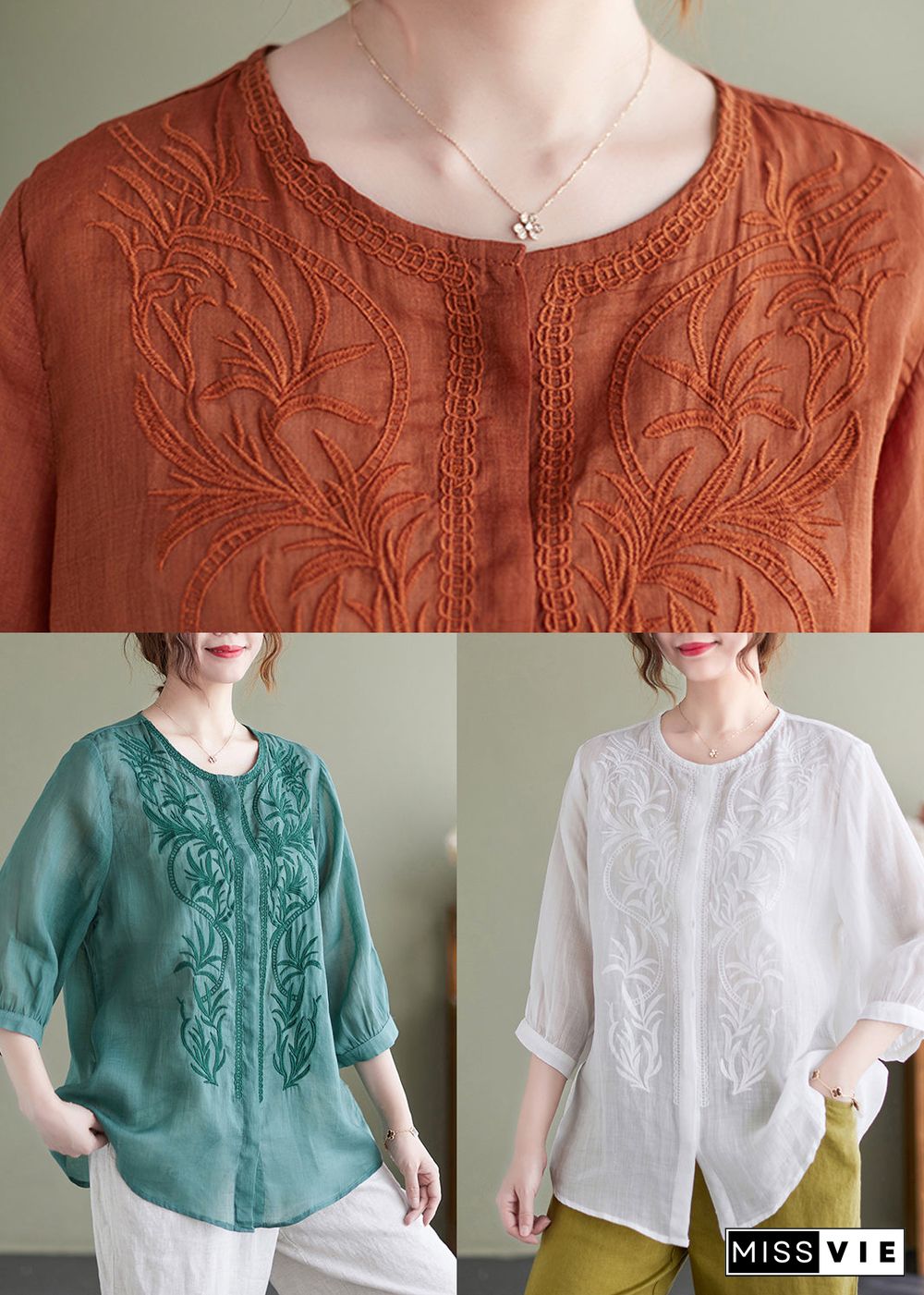 Lake Green Loose Linen Blouse Tops Embroideried Bracelet Sleeve