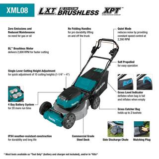 Makita 21 in. 18-Volt X2 (36V) LXT Lithium-Ion Cordless Walk Behind Self Propelled Lawn Mower Tool Only XML08Z