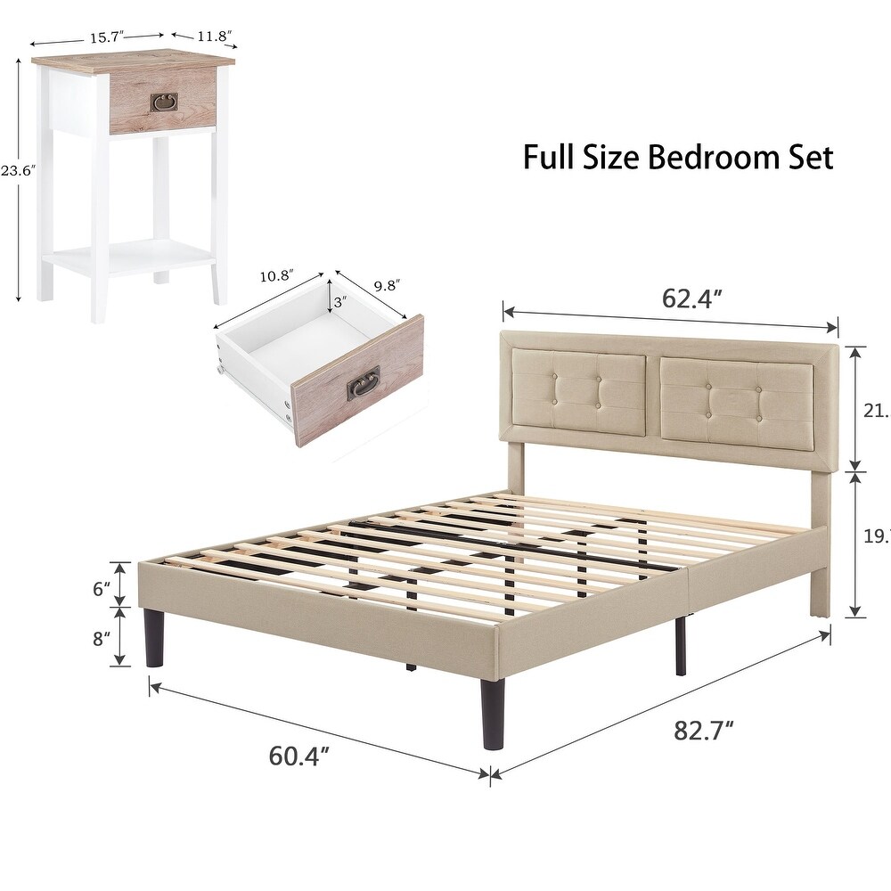 VECELO 3 Piece Upholstered Bedroom Set Tufted Adjustable Bed and Multi Color Nightstand Set of 2