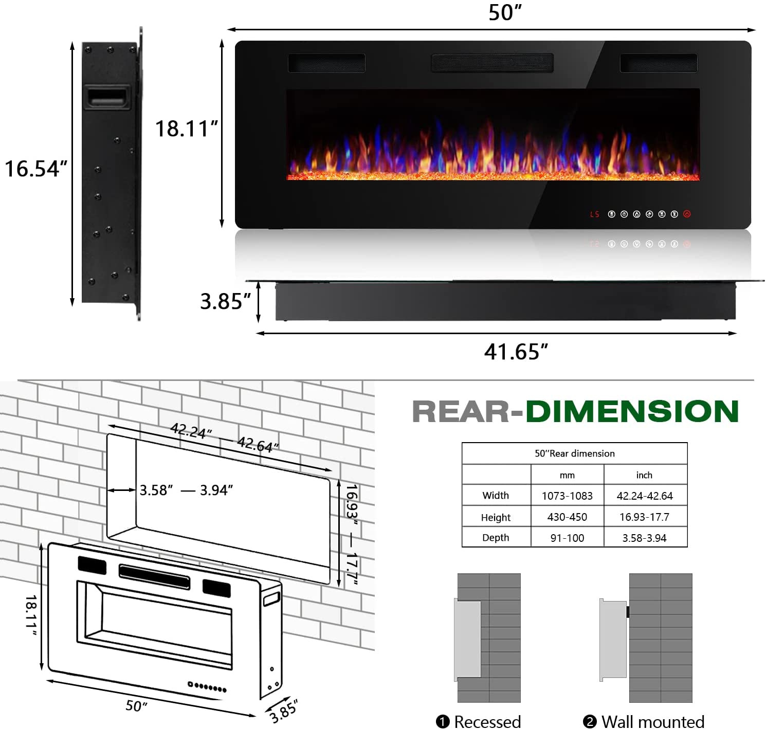 Waleaf 50 inch Ultra-Thin Silence Linear Electric Fireplace Inserts, Recessed Wall Mounted Fireplace, Fit for 2 x 4 and 2 x 6 Stud, Adjustable Flame Color & Speed,Touch Screen Remote Control 8h Timer