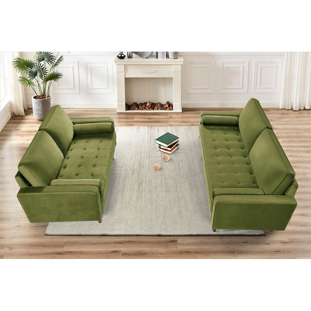 Monahan Wood Frame Velvet Tufted 2 PCS Living Room Set  Sofa   Loveseat