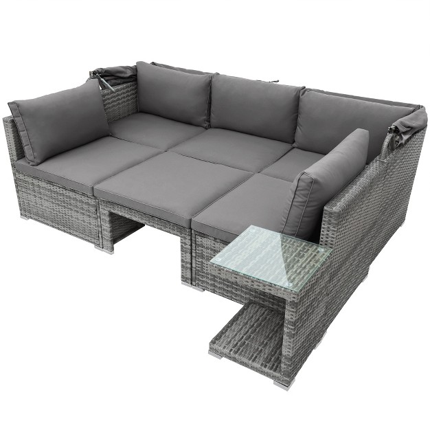 5 Pcs Outdoor Sectional Rattan Daybed Sofa Set Patio Pe Wicker Conversation Furniture Set With Canopy And Tempered Glass Side Table Gray modernluxe