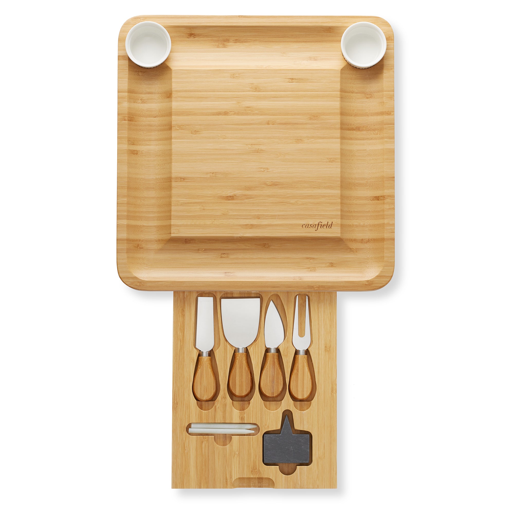 Casafield Bamboo Cheese Board with Stainless Steel Knives and Ceramic Bowls