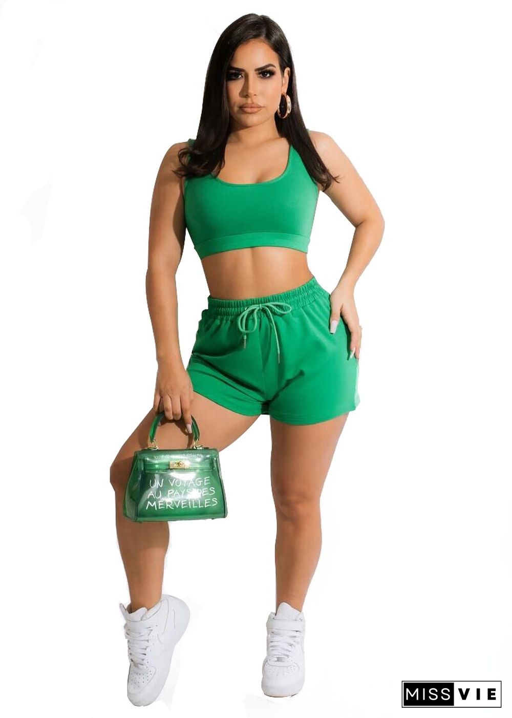 Solid Workout Vest Crop Top Shorts Two Piece Set