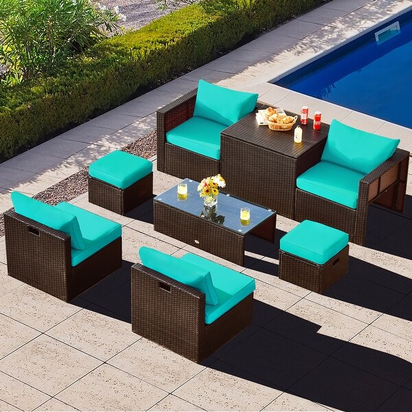 Gymax 8PCS Patio Rattan PE Wicker Conversation Set AllWeather