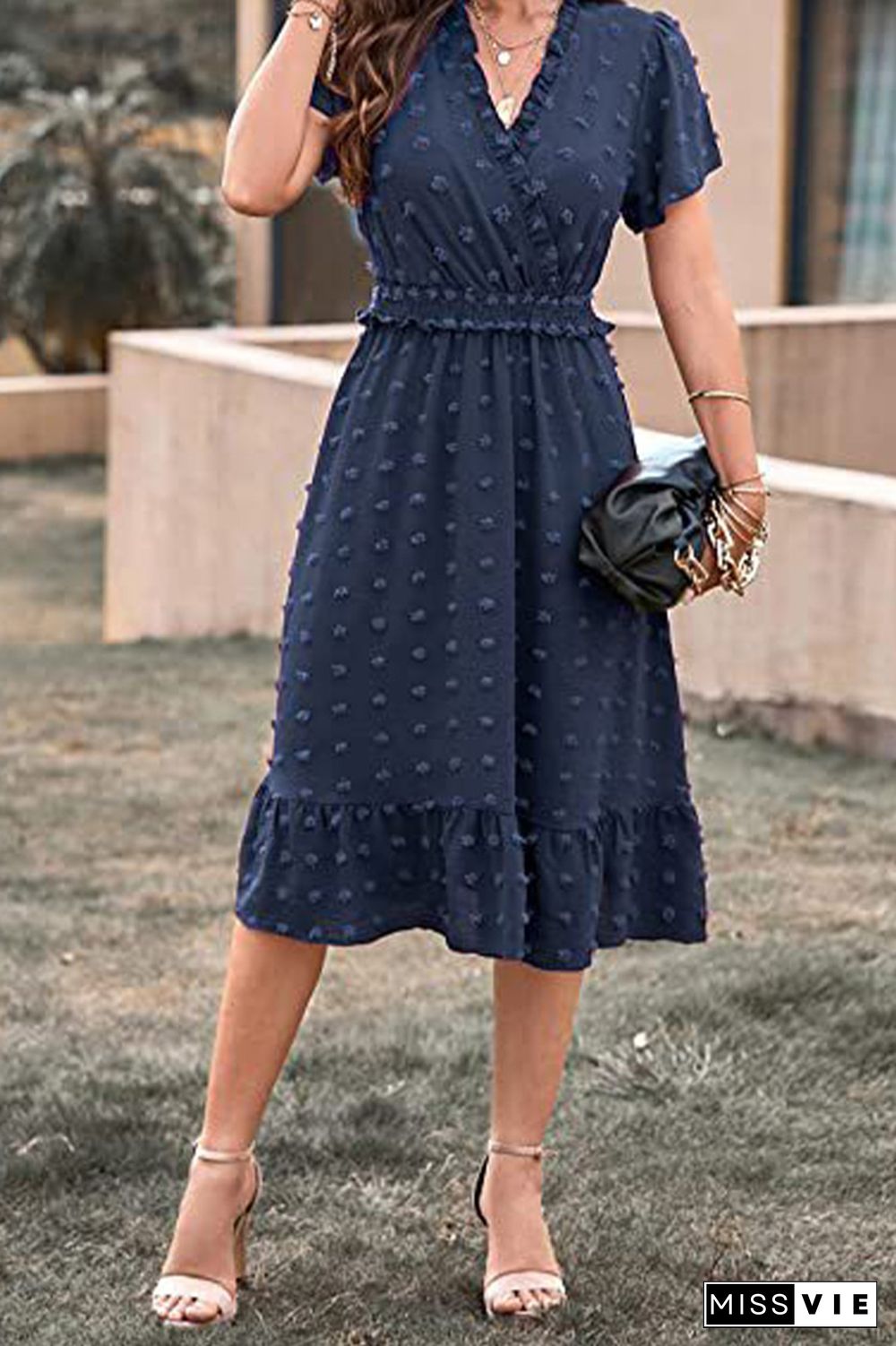 Plain Jacquard Spot V Neck Frilled Midi Dress