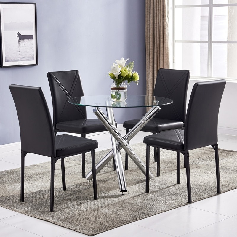 Modern Tempered Glass Table and Upholstered Chair 5 piece Dining Set