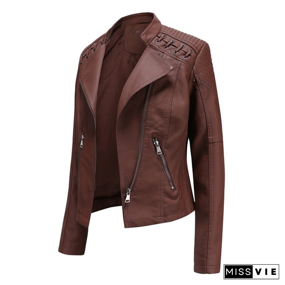 High-quality Fashion Ladies Zipper Casual PU Leather Soft Motorcycle Leather Jacket Coat