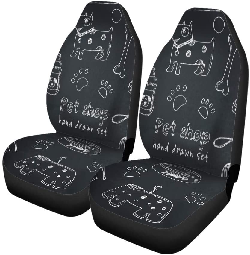 FMSHPON Set of 2 Car Seat Covers Doodle Pets Stuff and Supply Vet Symbol Collection Cartoon Universal Auto Front Seats Protector Fits for Car，SUV Sedan，Truck