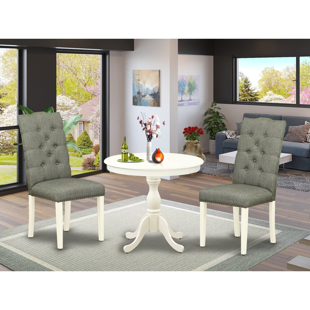 East West Furniture 3 Piece Kitchen Table Set  A Round Dining Room Table and 2 Linen Fabric Chairs (Finish Options)