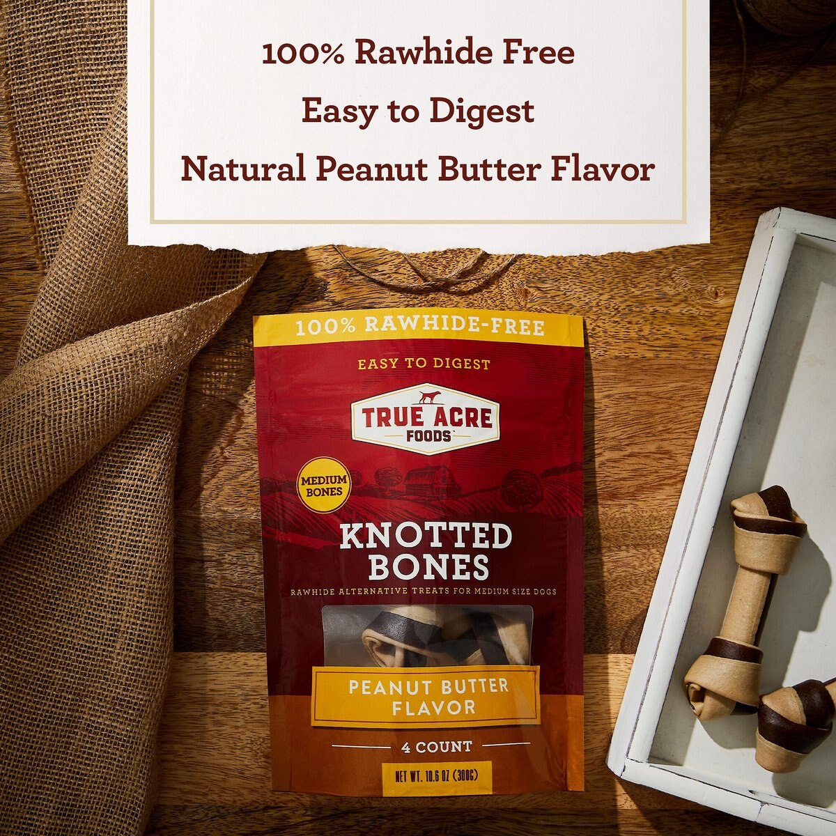 True Acre Foods Rawhide-Free Knotted Bones Peanut Butter Flavor Treats， Medium， 4 count