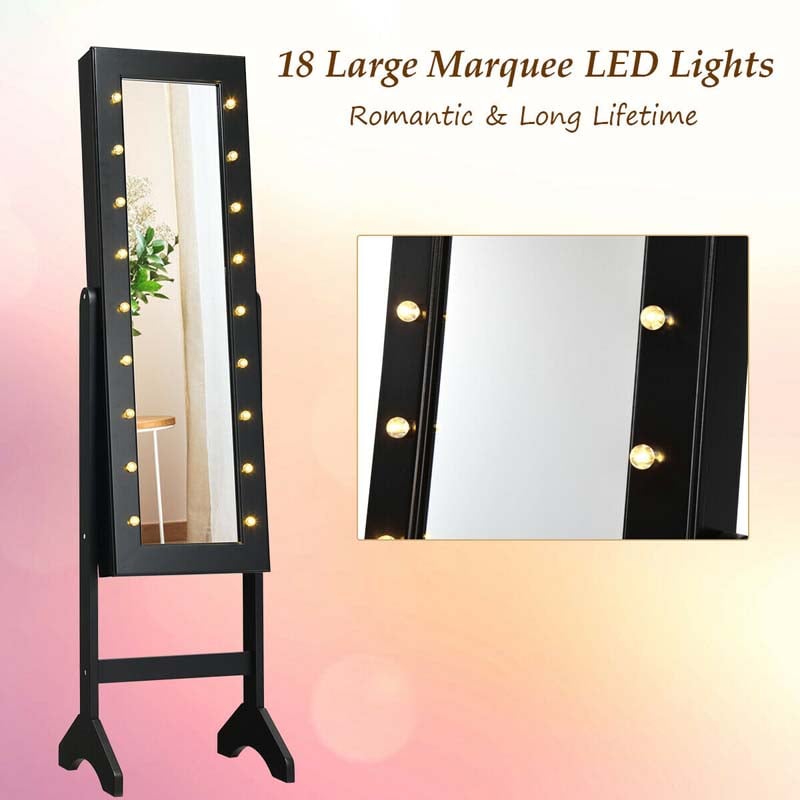 18 LEDs Large Standing Jewelry Armoire Cabinet with Full Length Mirror, 16 Lipstick Holder, 1 Inside Makeup Mirror