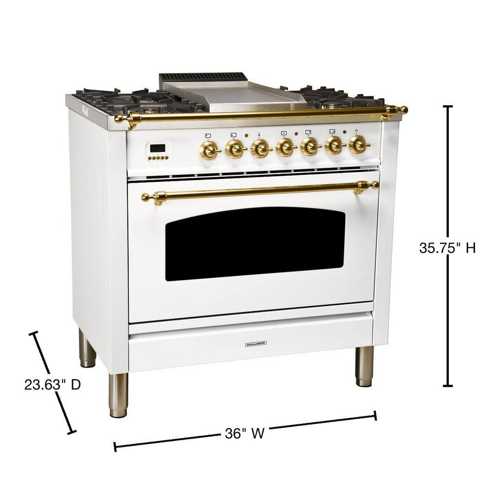 Hallman 36 in. 3.55 cu. ft. Single Oven Dual Fuel Italian Range True Convection 5 Burners Griddle LP Gas Brass Trim in White HDFR36BSWTLP