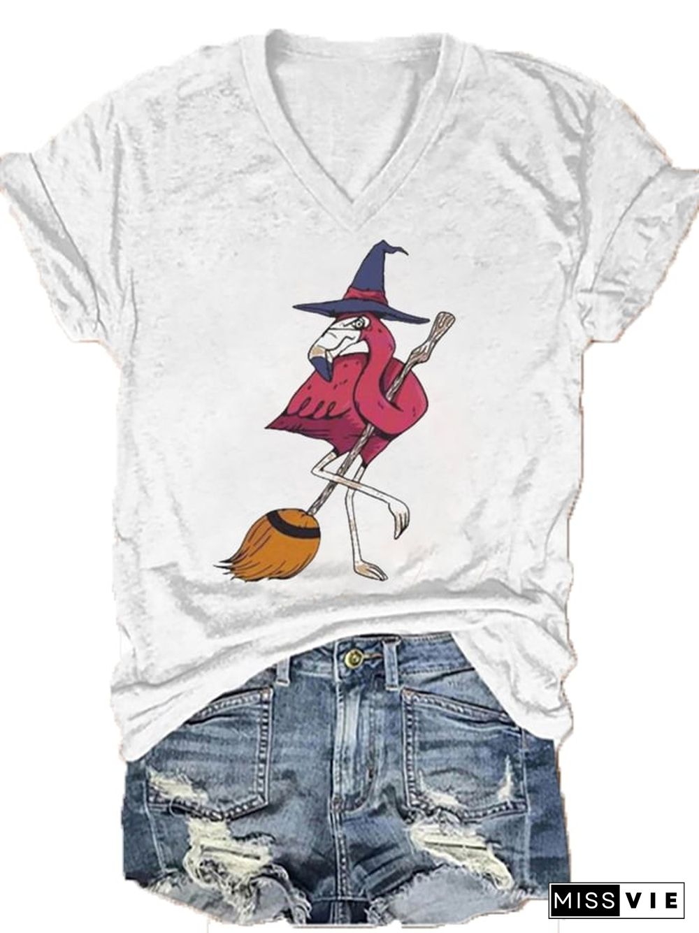 Women's Halloween Flamingo Witch Print V-Neck T-Shirt