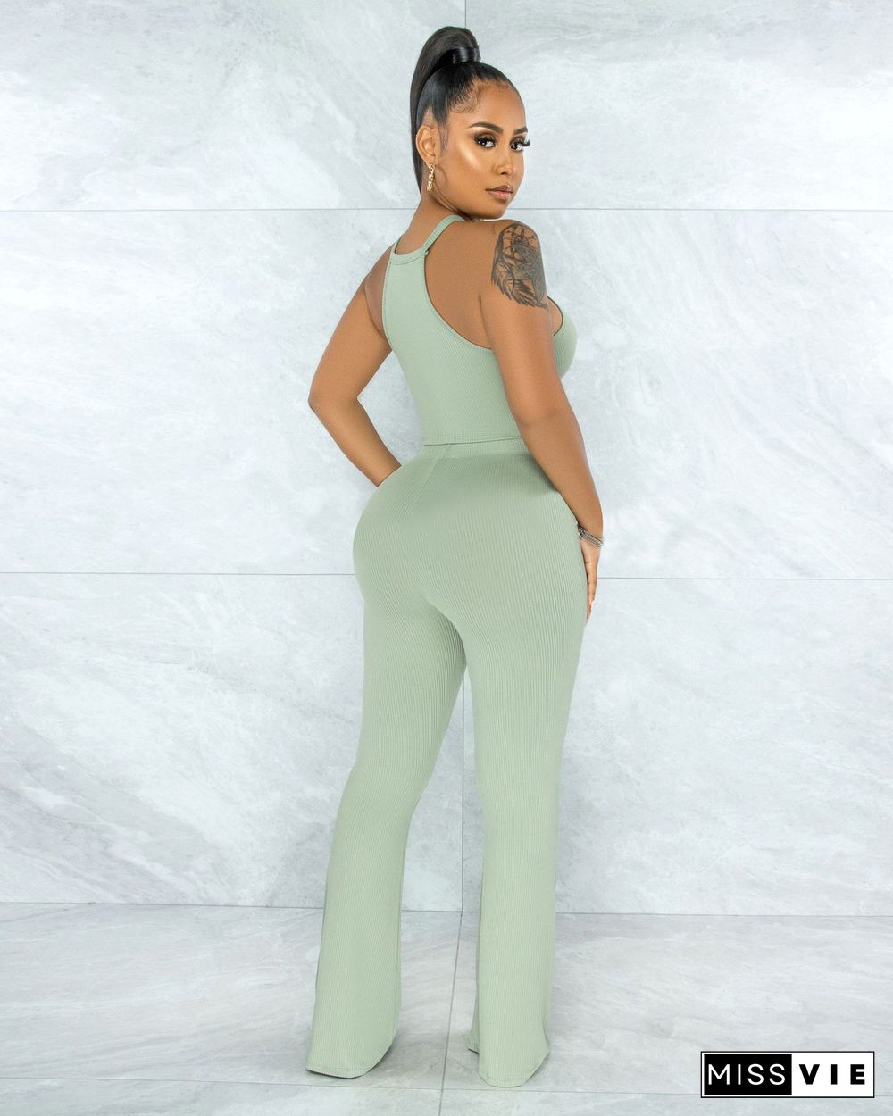 Solid Bandage Sleeveless Crop Top Flare Pants Set