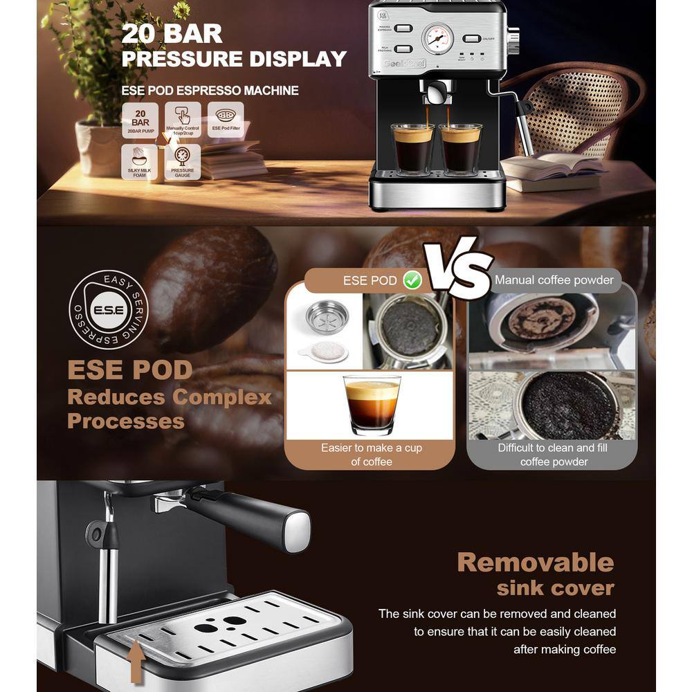 Kahomvis 2-Cup Silver 20-Bar Espresso Machine Coffee Maker with ESE POD Filter Milk Frother Steam Wand Thermometer Water Tank GuBK-LKD0-V5U