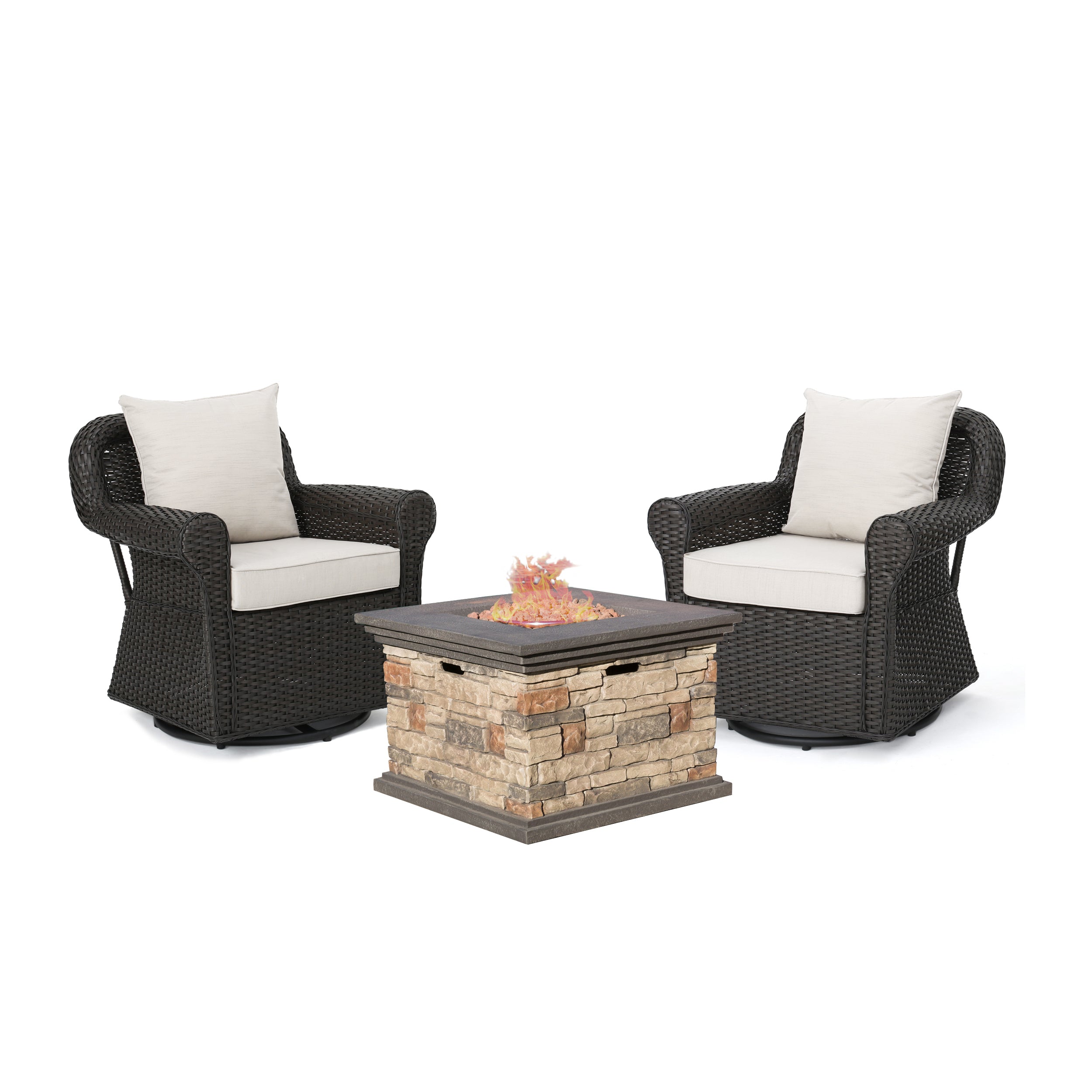 Augusta Outdoor 3 Piece Wicker Rocker and Gas Firepit Set