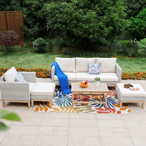 MAISON ARTS 5Piece Outdoor Rattan and Acacia Wood Sectional Sofa Set，Patio Wicker Conversation Set with Coffee Table