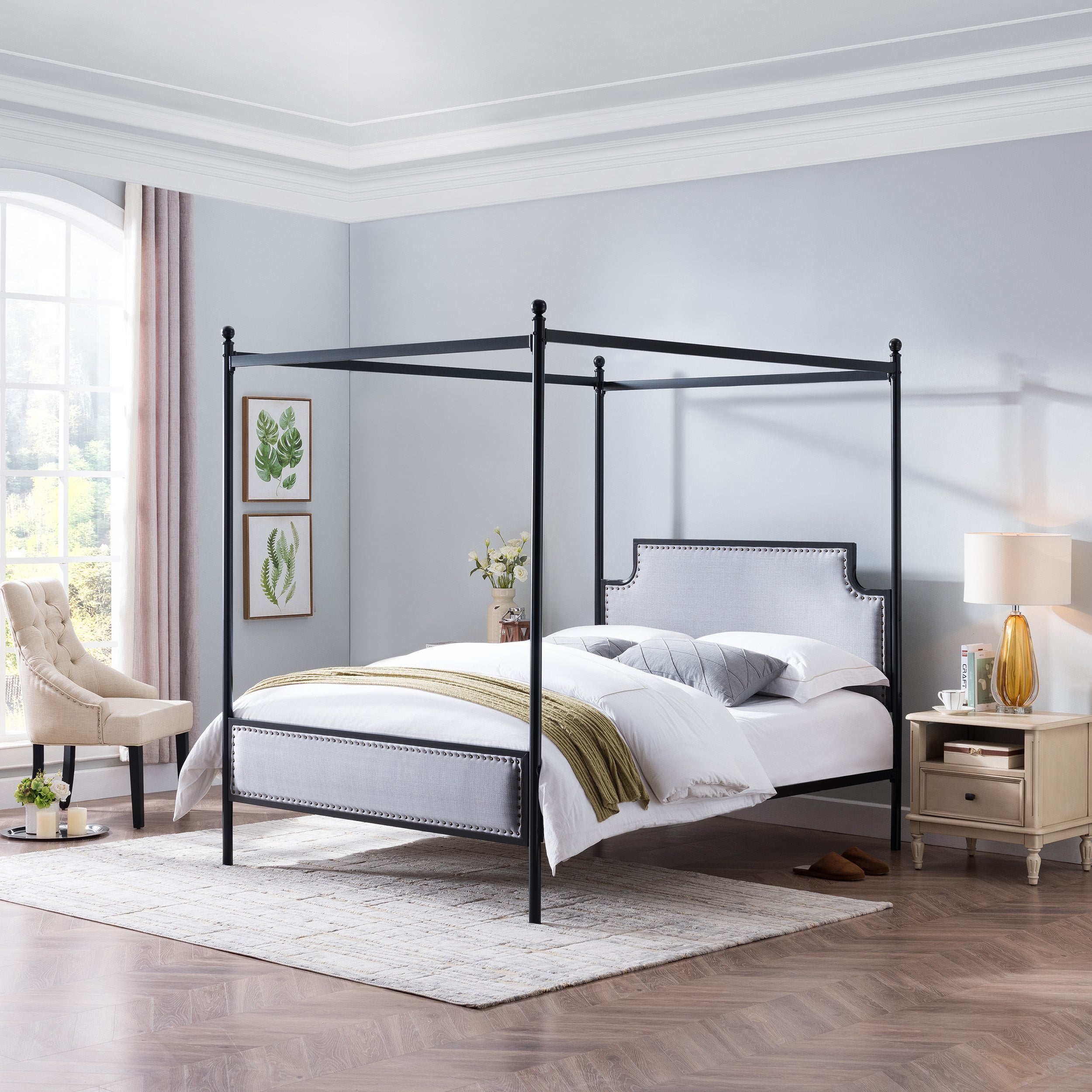 Asa Queen Size Iron Canopy Bed Frame with Upholstered Studded Headboard