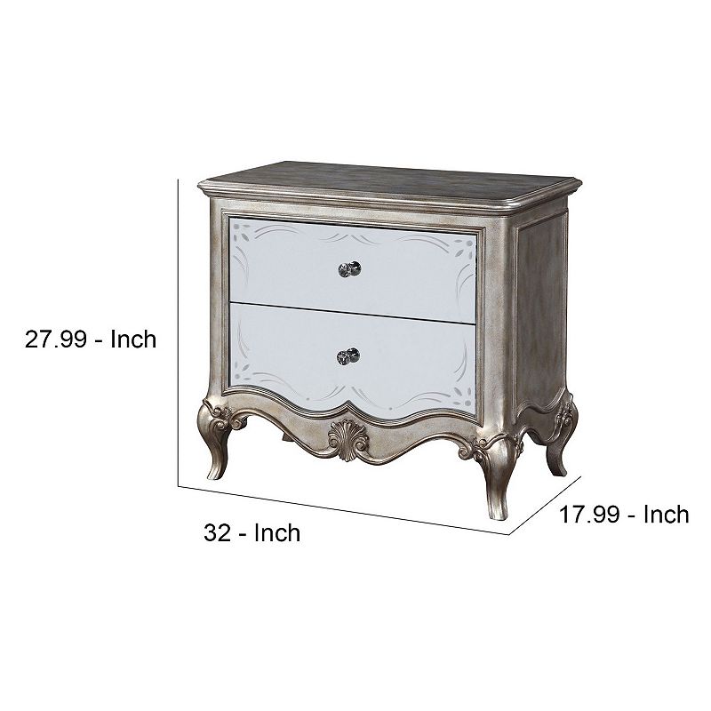 Nightstand with Mirror Front and Molded Trim， Antique Silver