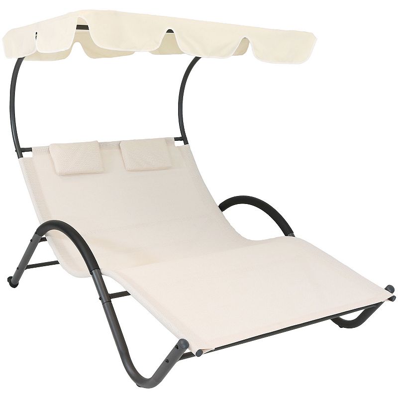 Sunnydaze Sling Fabric Double Outdoor Chaise Lounge Bed with Canopy - Beige