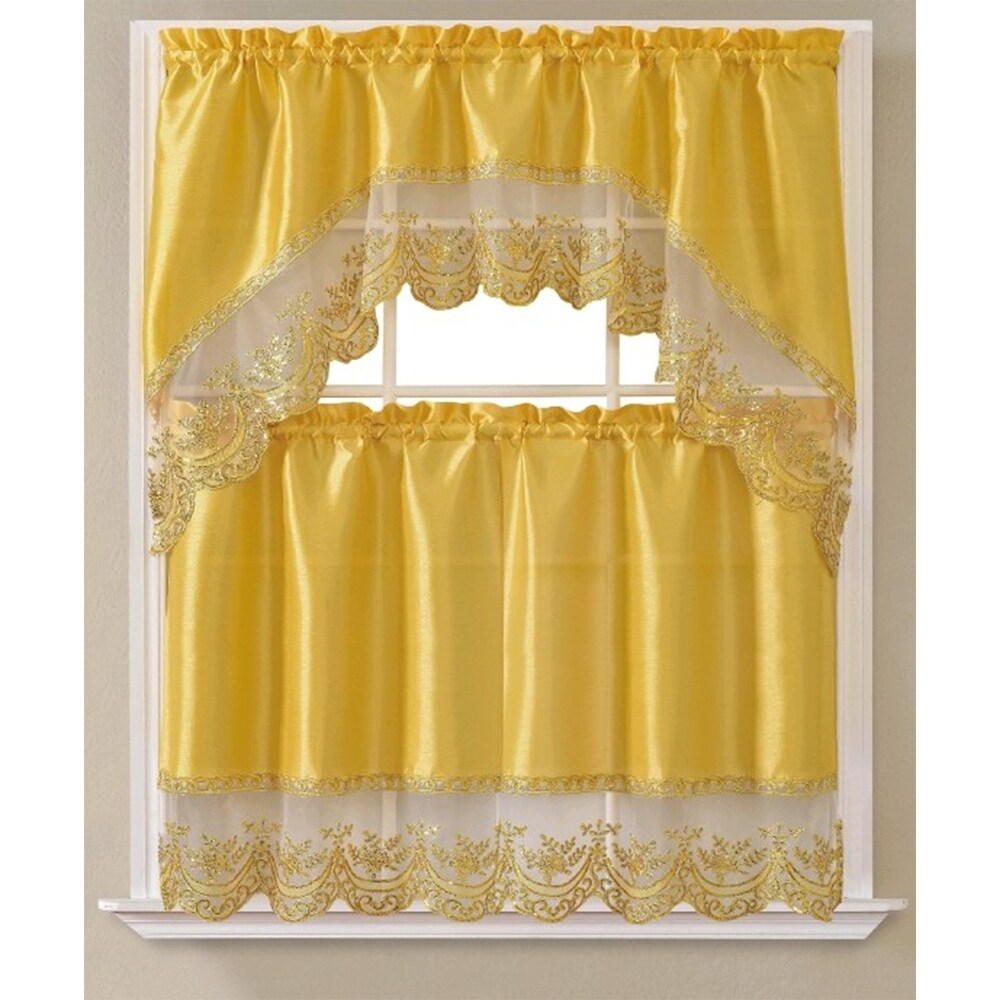 Remi 3 Piece Sequins Embroidery Kitchen Curtain Set with Swag Valance  Tier 30x36  Valance 60x36 Inches