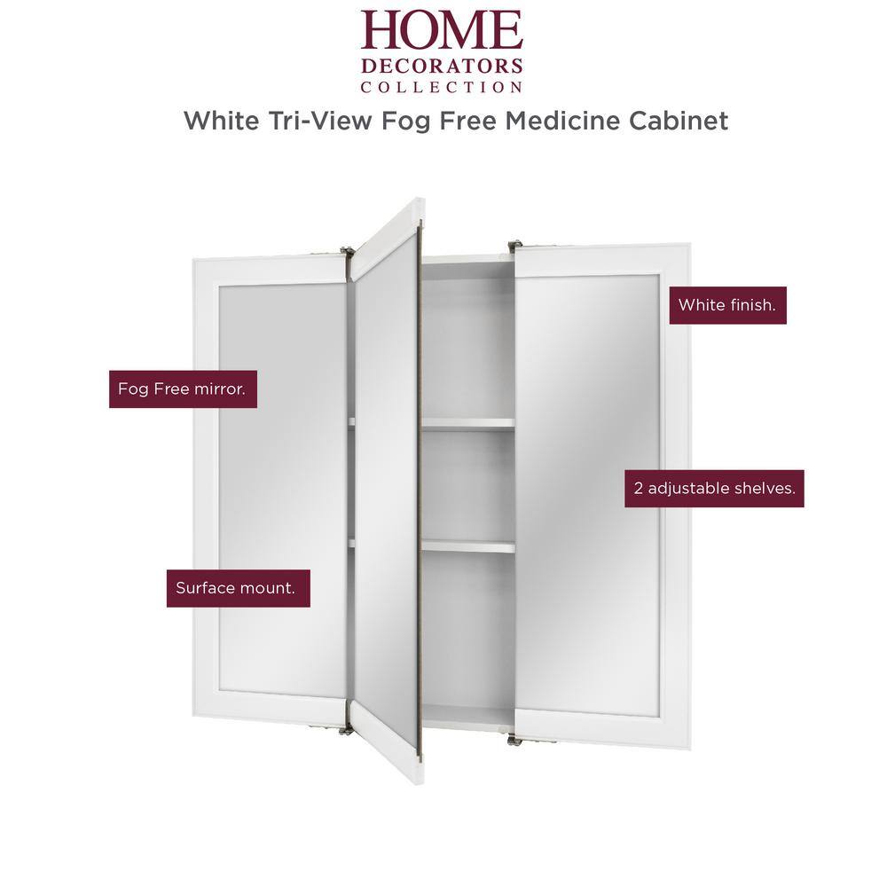 Home Decorators Collection 30 in. W x 29 in. H Fog Free Framed Surface-Mount Tri-View Bathroom Medicine Cabinet in White with Mirror 45393