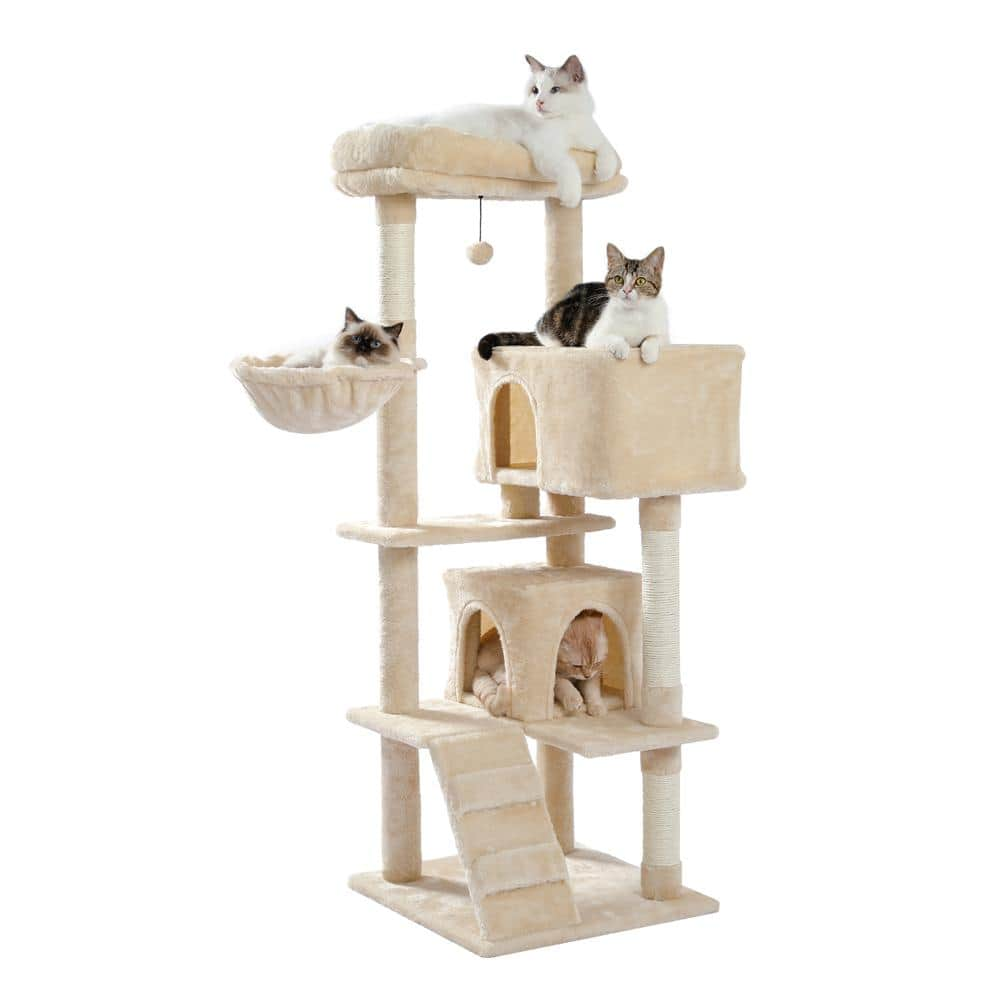 Foobrues 56.30 in. H Pet Cat Scratching Posts and Trees with Super Large Perch Double Condo Hammock in Beige LNN-P23168236