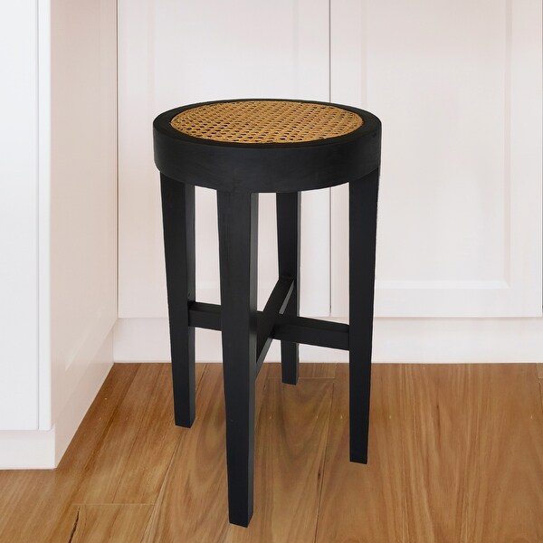 Mila Black Backless Teak and Cane Bar Stool， 28