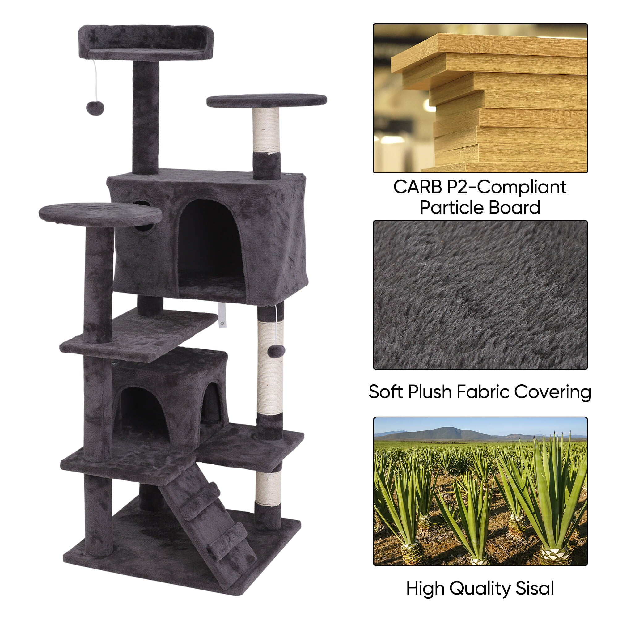 HomGarden 55''H Multi-Level Cat Tree Condo W/Scratching Post Tower and Perch， Play House Dark Gray