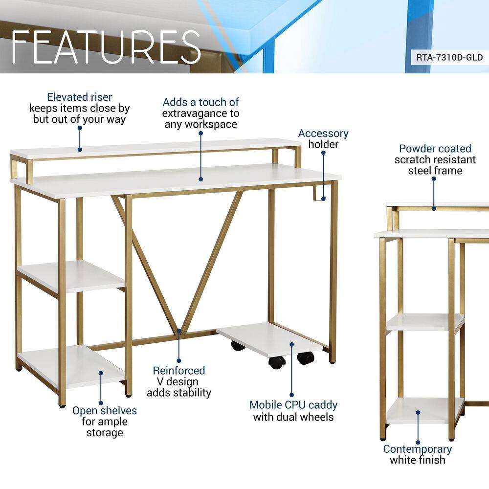 TECHNI MOBILI 46 in. W Gold Industrial Writing Desk RTA-7310D-GLD