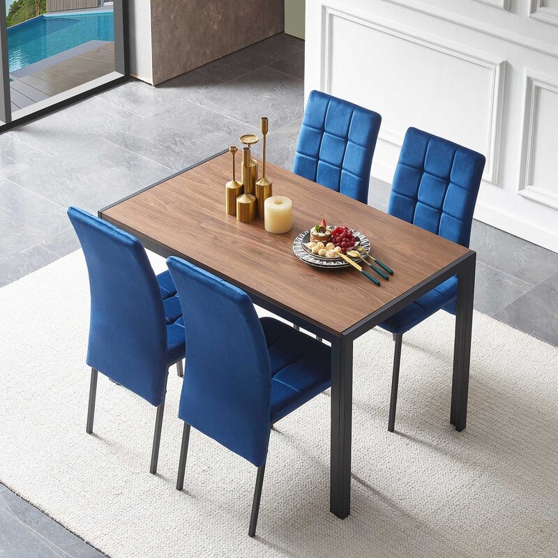 Modern 5 Piece Dining Table Set for 4 Solid Wood Table with Velvet High Back Dining Chair