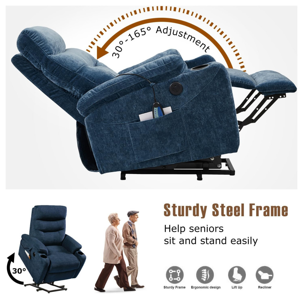 Power Lift Recliner  Pillowed Arms With Cup Holders  ampPadded Blue Fabric Seat   Modern   Recliner Chairs   by Decor Love  Houzz