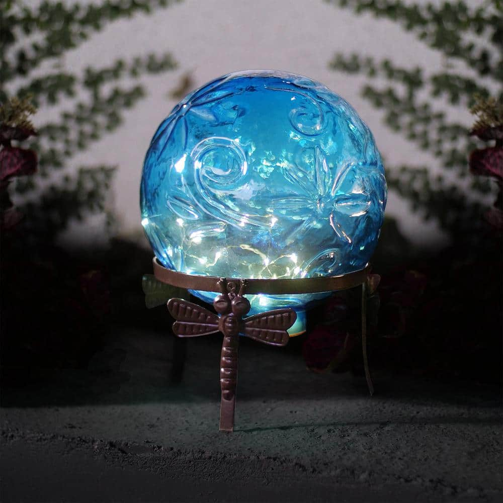 Alpine Corporation 13 in. Tall Indoor/Outdoor Pearlized Blue Glass LED Gazing Globe with Stand HGY112A-BL