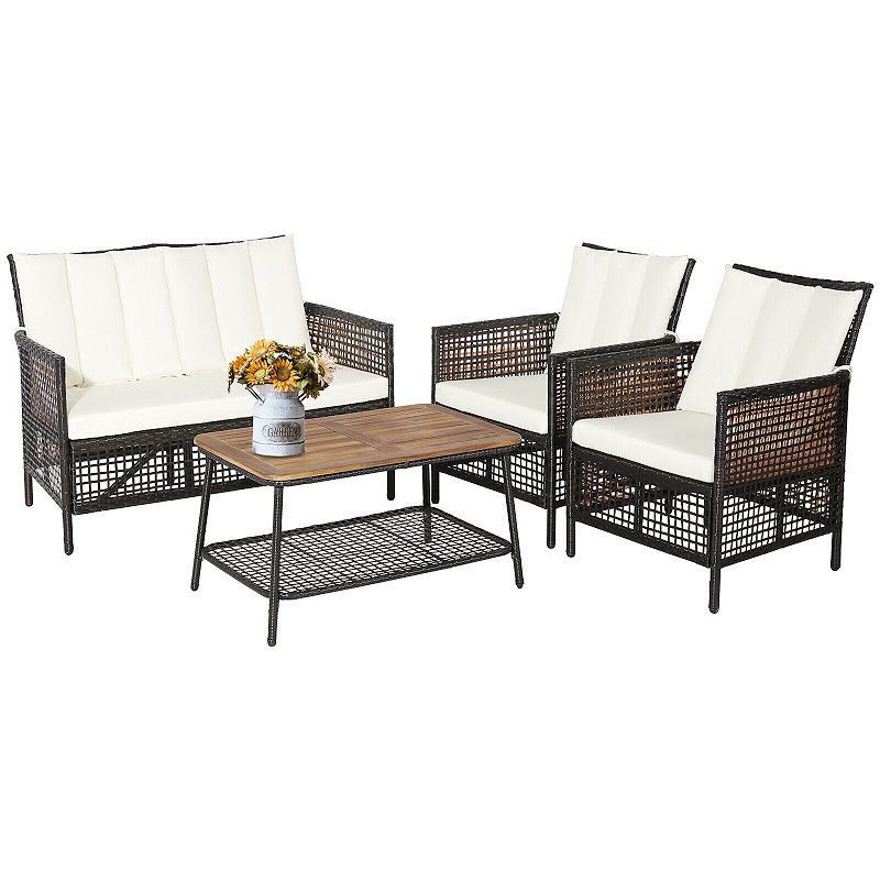 4 Pieces Patio Rattan Furniture Set with 2-Tier Coffee Table-White