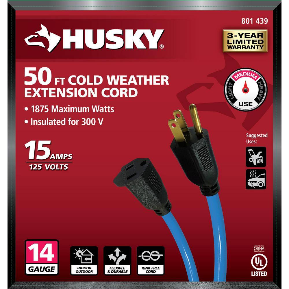 Husky 50 ft. 143 Medium Duty Cold Weather IndoorOutdoor Extension Cord Blue 83050HY