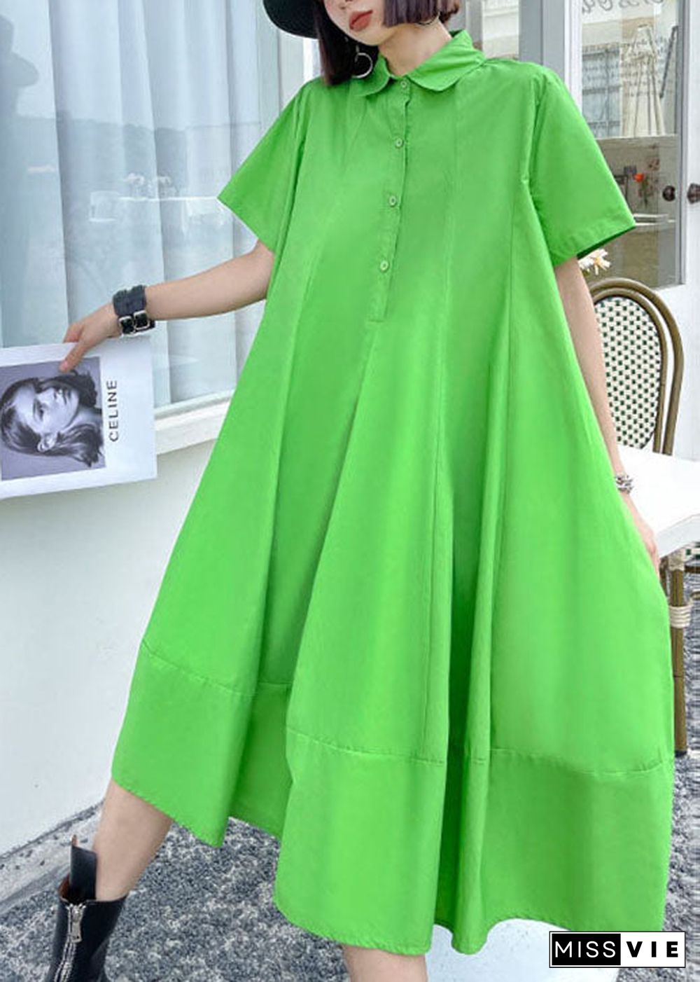 Style Green Button Patchwork Fall Short Sleeve Dresses