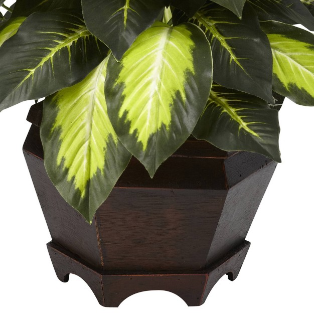 Artificial Triple Golden Dieffenbachia With Wood Vase Nearly Natural