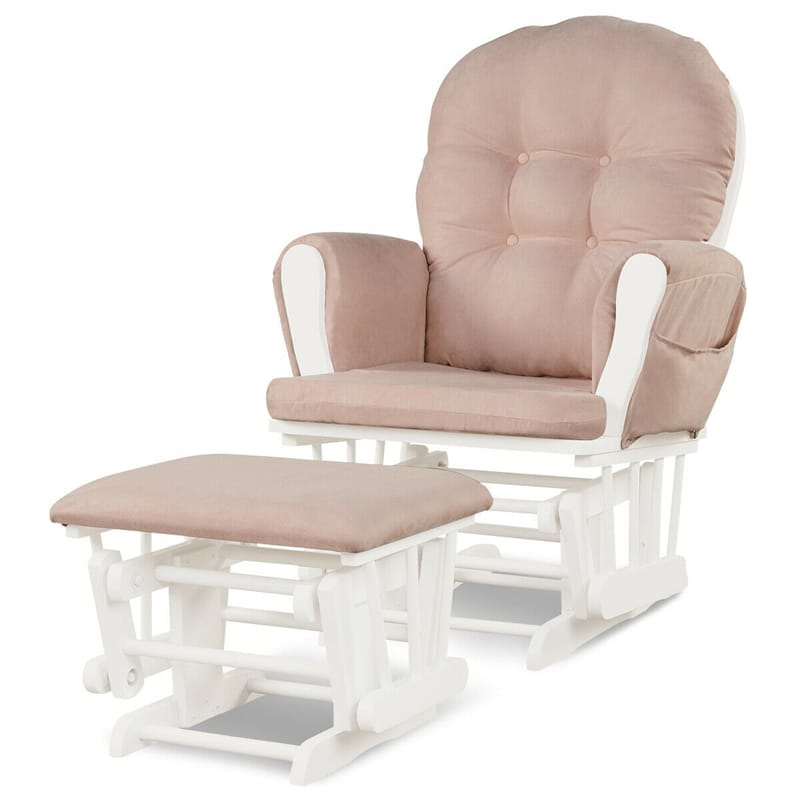 Wood Baby Glider Rocking Chair Nursery Chair with Gliding Ottoman & Storage Pocket