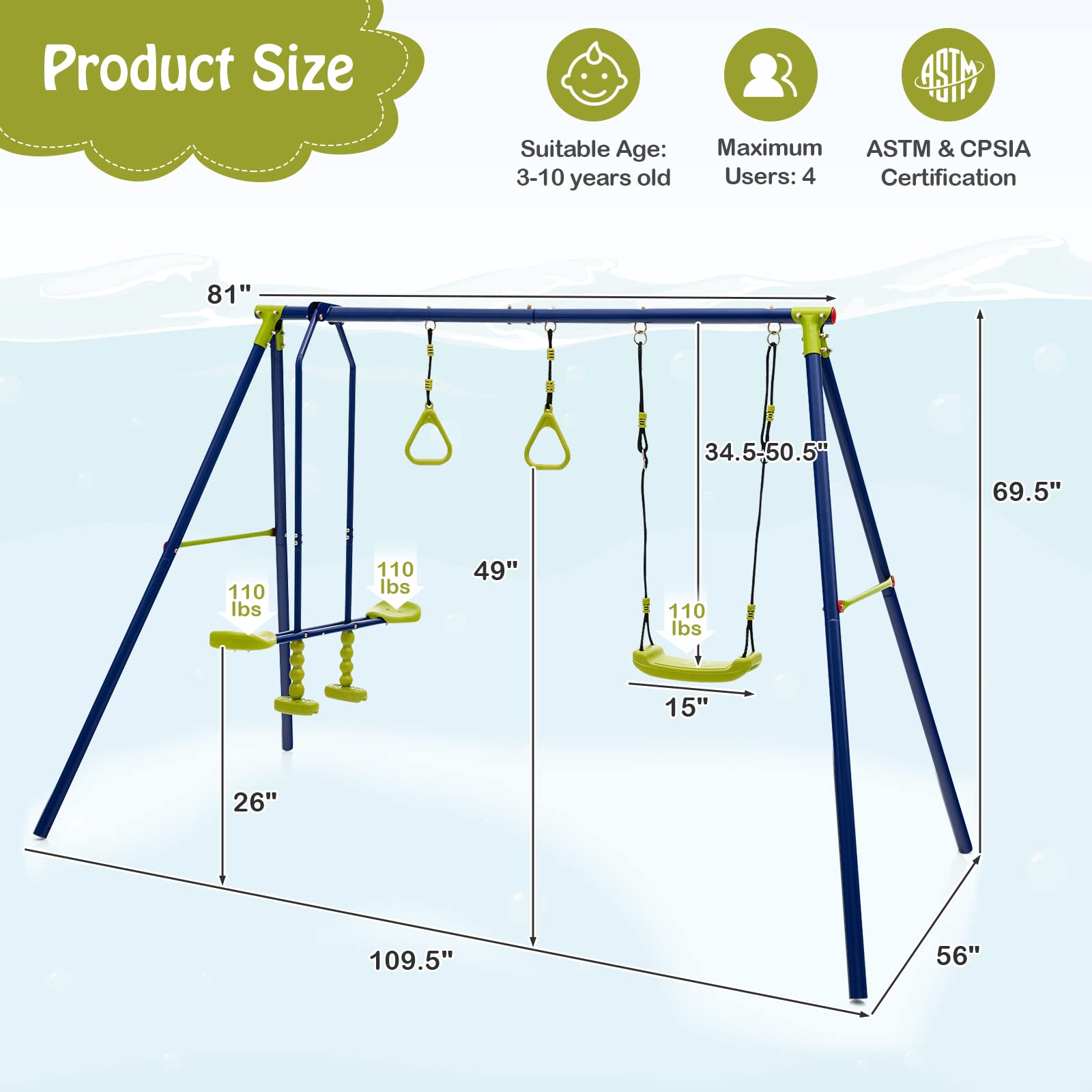 Costzon 440 lbs Swing Sets for Backyard, 3-in-1 Heavy Duty Extra Large Metal Swing Frame