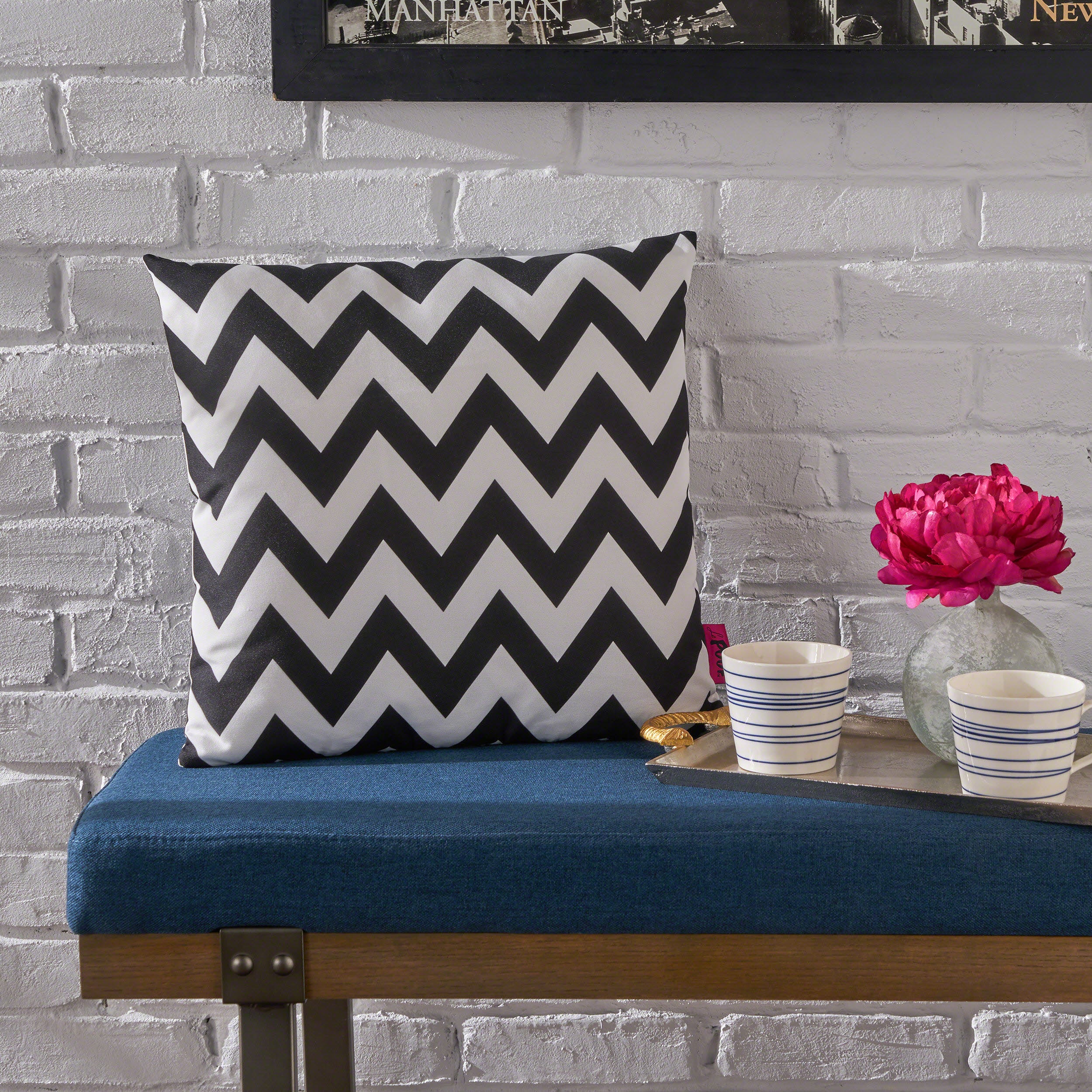 Ernest Indoor Black and White Zig Zag Striped Water Resistant Throw Pillow