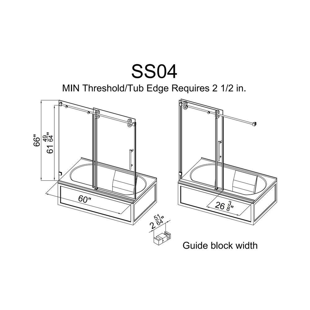 MCOCOD 60 in. W x 66 in. H Single Sliding Frameless Tub Door in Matte Black with Smooth Sliding and 38 in. (10 mm) Glass SS04-60x66-BL