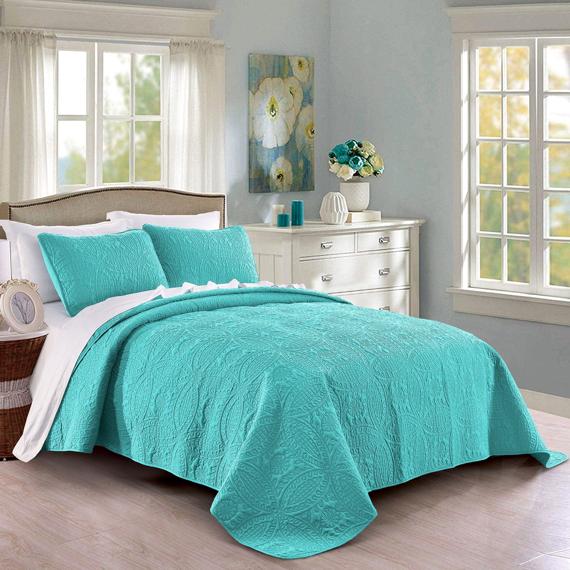 Quilt Set Full/Queen Size Aqua - Oversized Bedspread - Soft Microfiber Lightweight Coverlet for All Season - 3 Piece Includes 1 Quilt and 2 Shams， Geometric Pattern