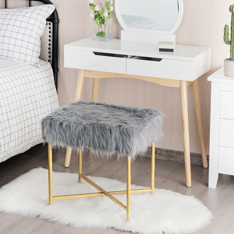 Luxurious Faux Fur Covered Footrest Stool with Gold Metal Base