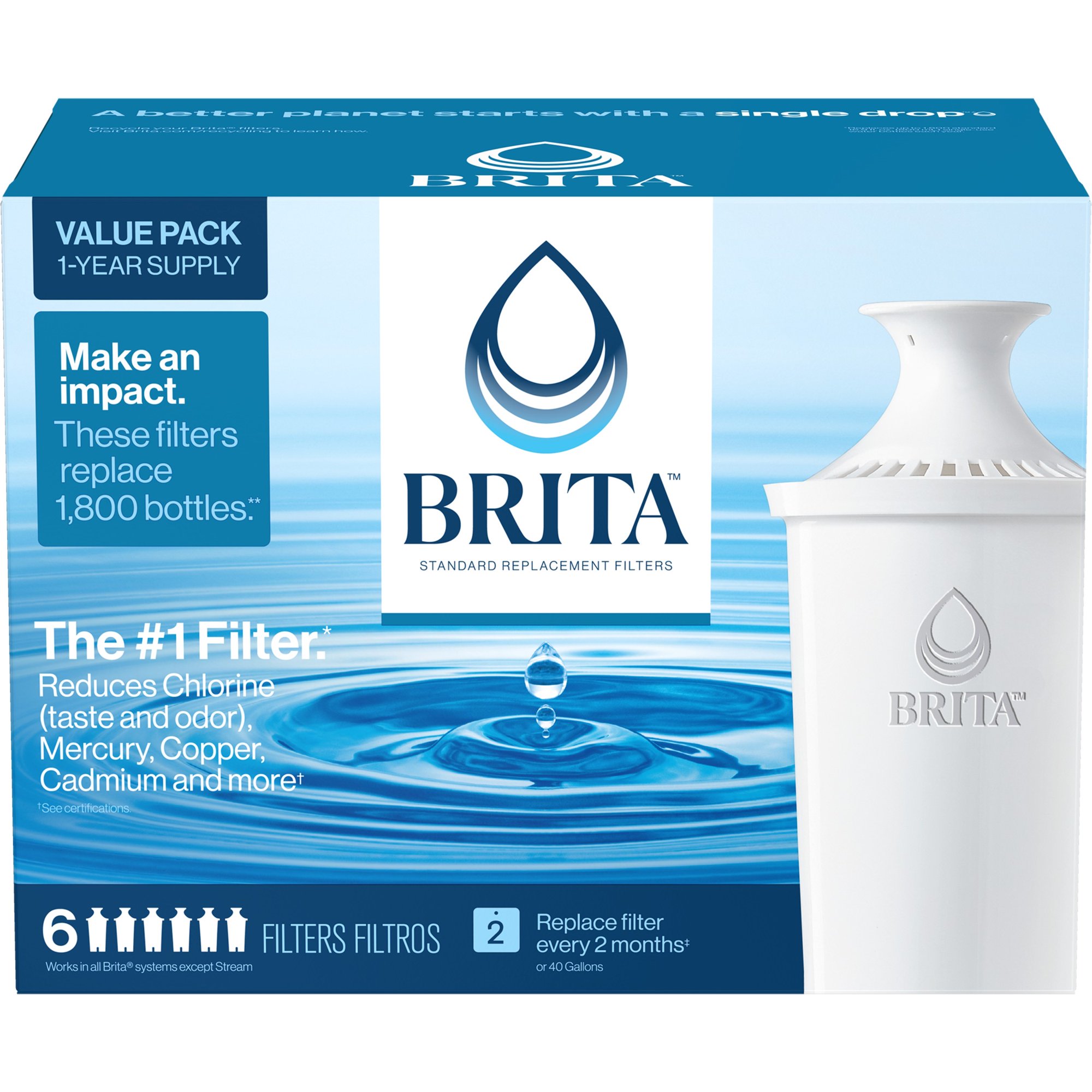 Brita Standard Water Filter， Replacement Filter for Pitchers and Dispensers， 6 Ct